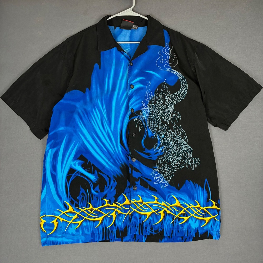 C-Two Dragon Tribal Blue Flame Graphic Button Up Shirt Y2K Vintage